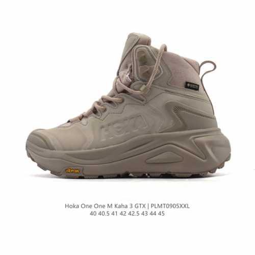 The Hoka One One Kaha 3 GTX men's hiking boots feature high-top, shock-absorbin