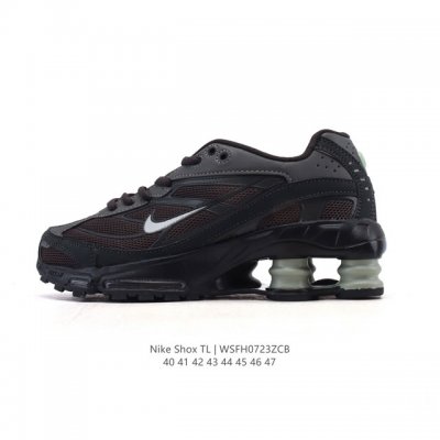 The Nike Shox TL men's sneaker, a thick-soled, elevated dad shoe, takes mechanic