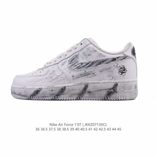a company-grade Nike Air Force 1 '07 Low white sneaker with a thick sole and hei