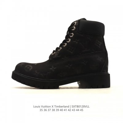 Company-grade Timberland high-top combat boots, Louis Vuitton x Trainer Sneaker