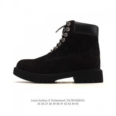 Company-grade Timberland high-top combat boots, Louis Vuitton x Trainer Sneaker
