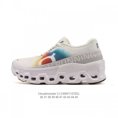 On Cloudmonster 2, a chunky-soled, height-increasing dad shoe with incredible pe