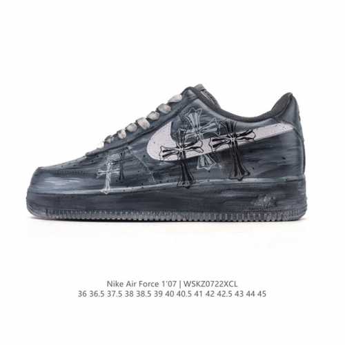 a company-grade Nike Air Force 1 '07 Low white sneaker with a thick sole and hei