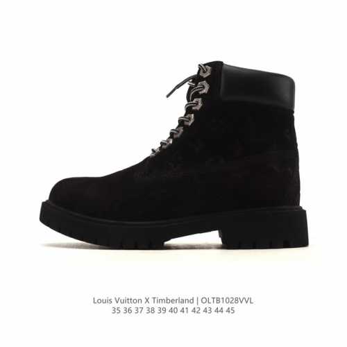 Company-grade Timberland high-top combat boots, Louis Vuitton x Trainer Sneaker