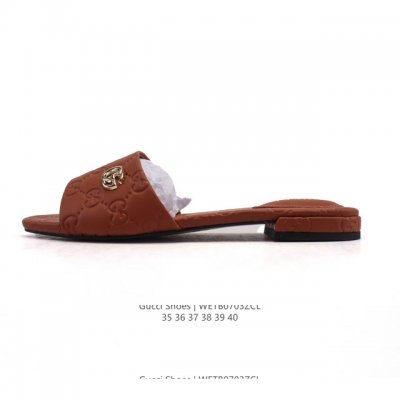 New Gucci Square Toe Lambskin Leather Slippers Women Full Cover Metal Logo Casu