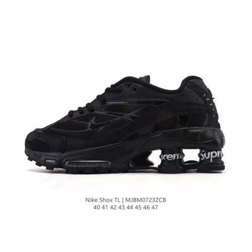 The Nike Shox TL men's sneaker, a thick-soled, elevated dad shoe, takes mechanic