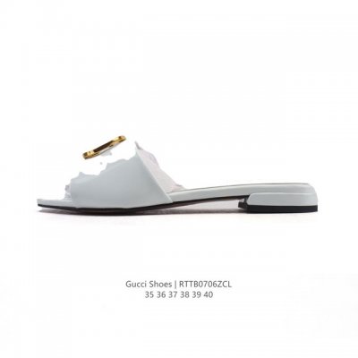 New Gucci Square Toe Lambskin Leather Slippers for Women Full Cover Metal Logo