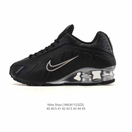 New Nike Shox R4 Tech-Style Sneakers. Metallic upper + super-sized cylinder snea