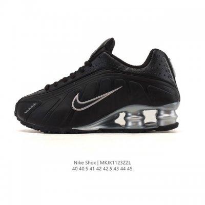New Nike Shox R4 Tech-Style Sneakers. Metallic upper + super-sized cylinder snea
