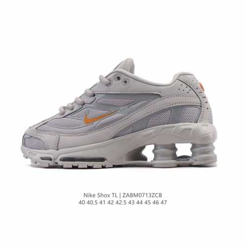 The Nike Shox TL men's sneaker, a thick-soled, elevated dad shoe, takes mechanic