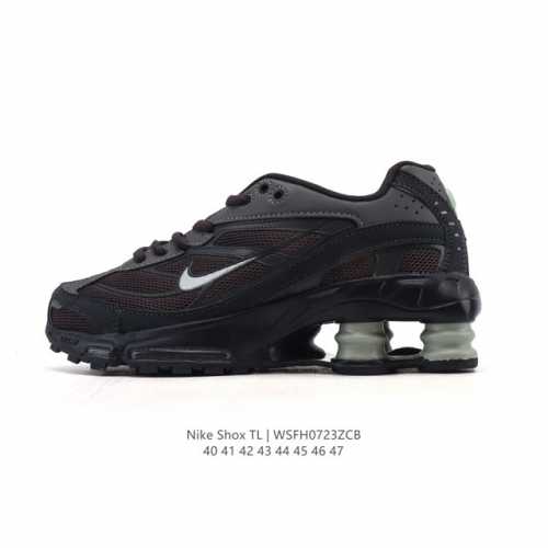 The Nike Shox TL men's sneaker, a thick-soled, elevated dad shoe, takes mechanic